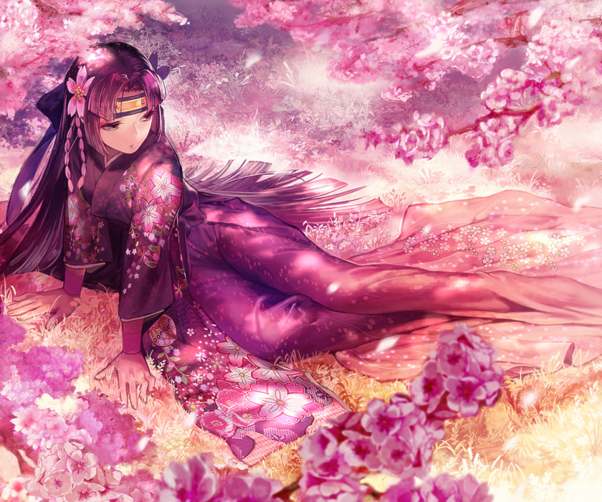 1girl arm_support aruk bow circlet flower grass hair_bow hair_flower hair_ornament japanese_clothes kimono long_hair looking_to_the_side petals solo traditional_clothes tree