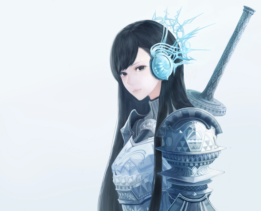 1girl armor backlighting black_eyes black_hair breastplate fantasy headgear knight lips long_hair looking_at_viewer original pauldrons sakimori_(hououbds) simple_background solo sword upper_body weapon white_background