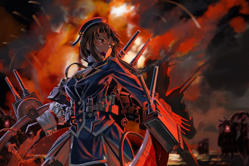 1girl absurdres action battle beret black_gloves black_hair black_legwear blurry chain clenched_hand commentary cowboy_shot dark depth_of_field explosion fire garter_straps gloves hat highres kantai_collection looking_to_the_side ocean open_mouth red red_eyes smoke ssamjang_(misosan) takao_(kantai_collection) thigh-highs uniform war water