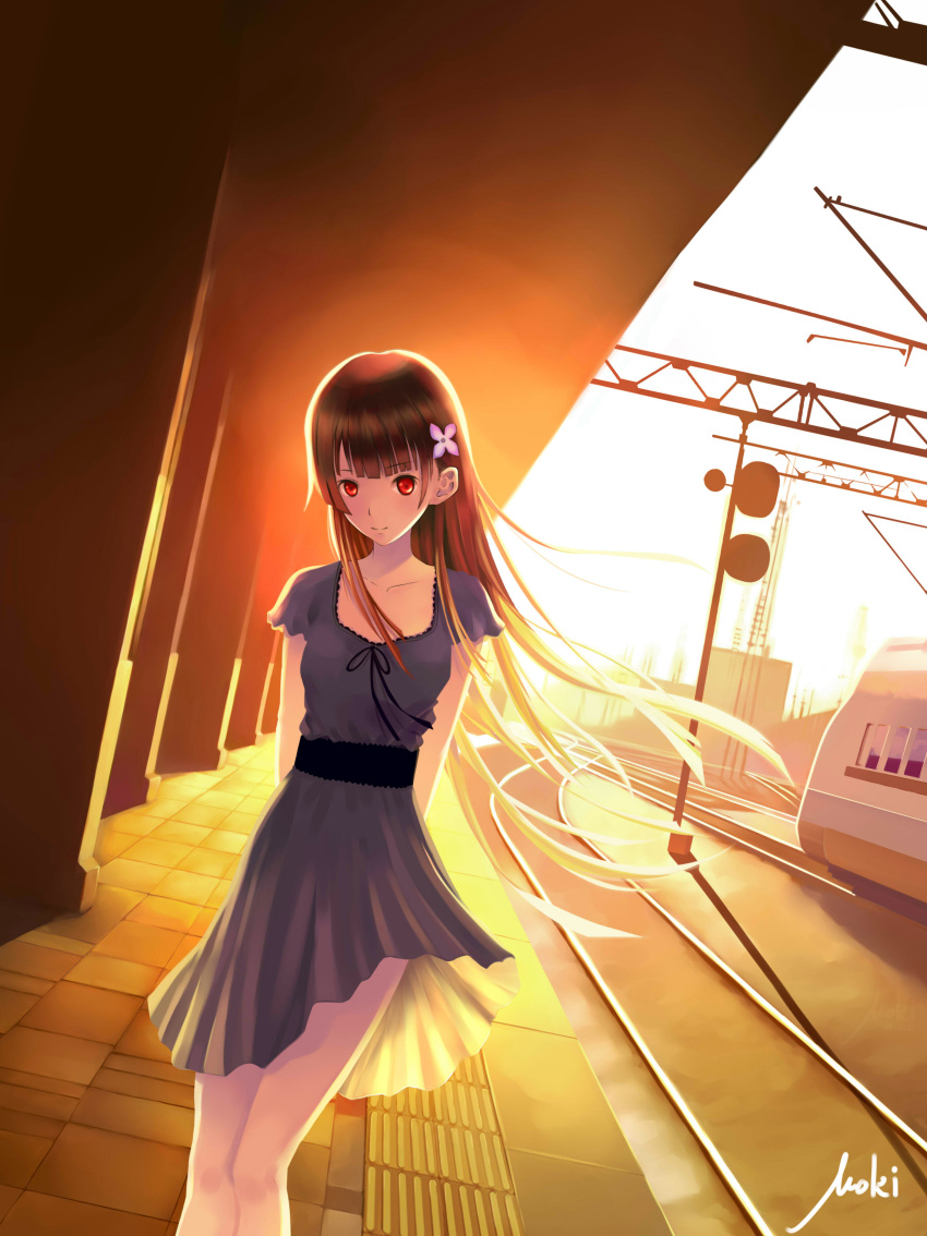 1girl absurdres arms_behind_back black_hair collarbone dress hair_ornament highres long_hair looking_at_viewer outdoors red_eyes sanka_rea sankarea signature solo sundress