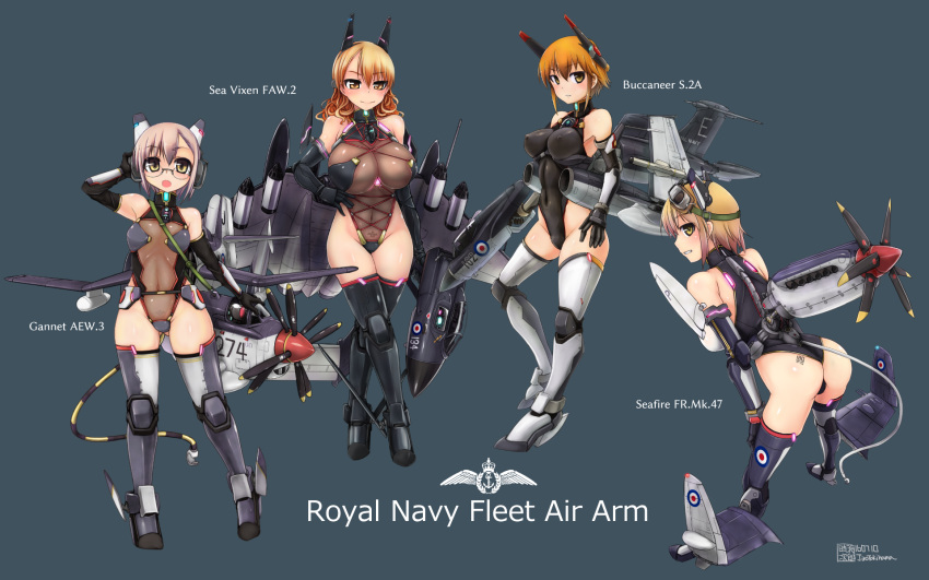 4girls aircraft airplane antennae ass blonde_hair breasts buccaneer_s.2a curvy fighter-bomber fighter_jet gannet_aew.3 glasses goggles goggles_on_head grey_hair gunpod highres jet large_breasts long_hair looking_at_viewer mecha_musume military military_vehicle missile missile_pod multiple_girls open_mouth orange_hair propeller royal_navy sea_vixen_faw.2 seafire_fr.mk.47 short_hair smile tattoo tokihama_jirou