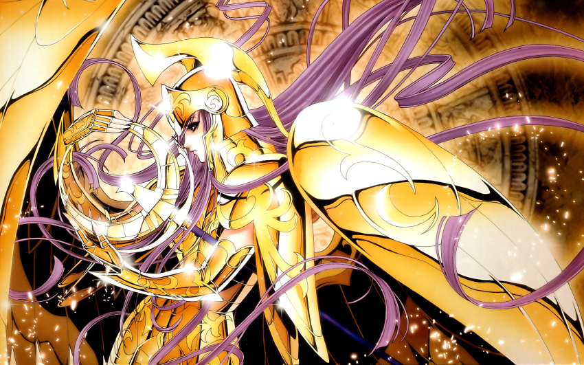 1girl armor athena_(saint_seiya) floating_hair gauntlets gold_cloth highres holding long_hair purple_hair sacred_saga saint_seiya solo spaulders staff