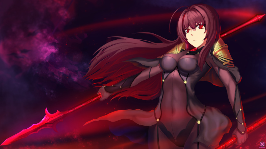 1girl bodysuit breasts covered_navel fate/grand_order fate_(series) gae_bolg highres long_hair mahousho polearm purple_hair red_eyes scathach_(fate/grand_order) solo spear weapon