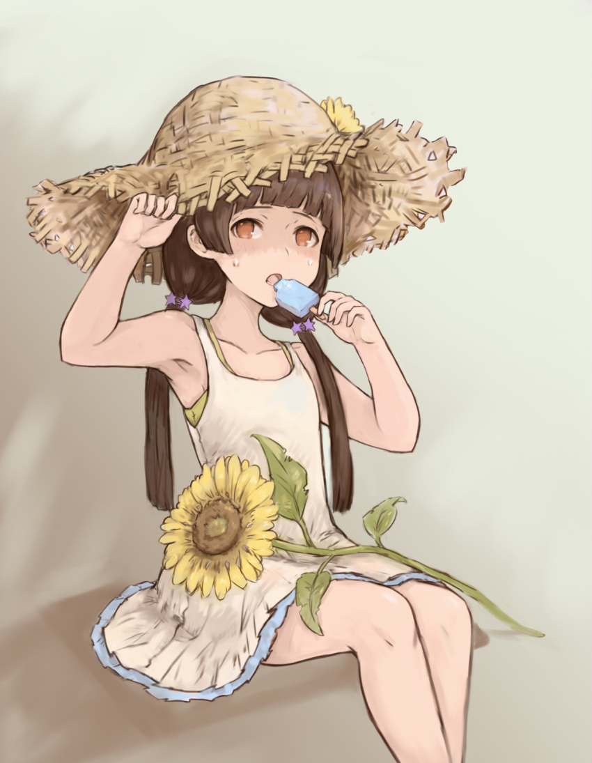 1girl amayadori_machi beige_background brown_hair canc@airhead dress eating flower hair_ornament hat highres hot kumamiko long_hair open_mouth orange_eyes popsicle sitting solo star_hair_ornament straw_hat sundress sunflower sweat twintails