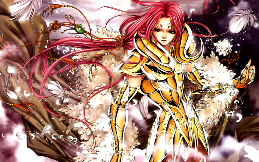 1boy aries_mu armor brown_eyes feathers gauntlets gold_cloth hair_ornament highres long_hair redhead saint_seiya solo spaulders