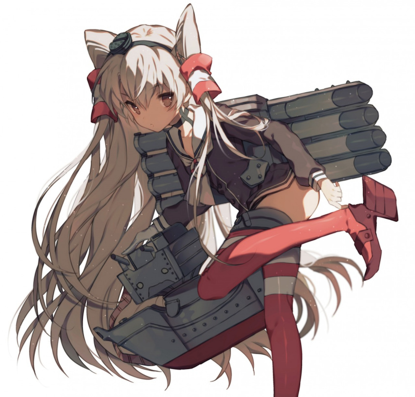 1girl amatsukaze_(kantai_collection) black_dress dress gloves grey_eyes hair_tubes hairband hat high_heels highres kantai_collection lifebuoy long_hair long_sleeves looking_at_viewer mini_hat one_leg_raised red_legwear red_shoes rensouhou-kun sailor_collar sailor_dress shadow shoes short_dress silver_hair simple_background single_glove standing standing_on_one_leg striped striped_legwear thigh-highs two_side_up very_long_hair white_background white_gloves yasiromann