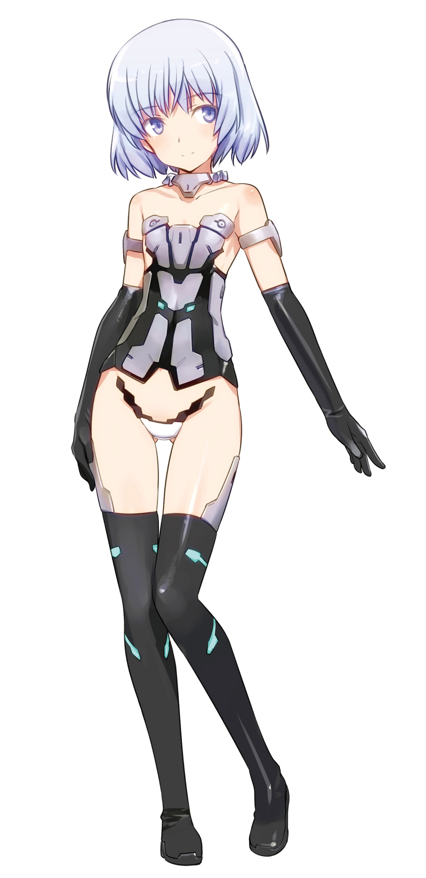 absurdres black_gloves black_legwear blue_eyes blue_hair boots corset detached_collar elbow_gloves flat_chest frame_arms_girl full_body gloves highres materia_(frame_arms_girl) shimada_fumikane short_hair simple_background standing thigh-highs thigh_boots white_background
