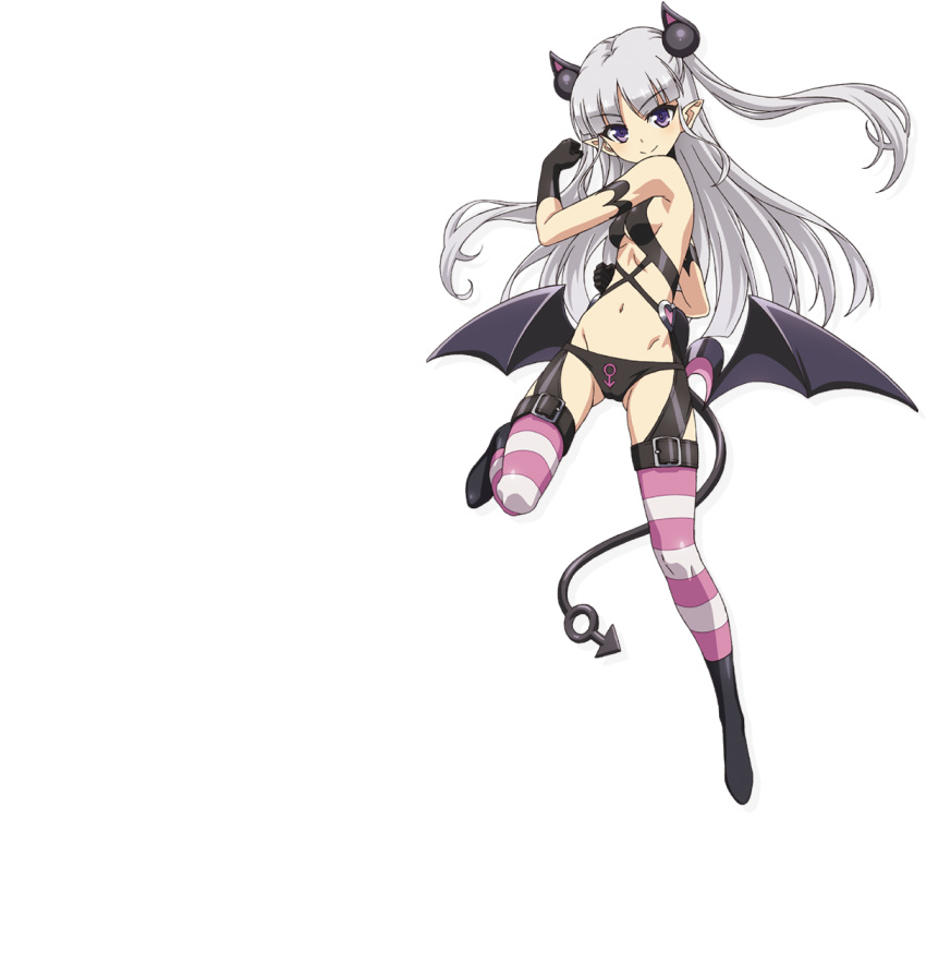 1girl armpits black_gloves black_panties breasts gloves groin hair_ornament highres long_hair looking_at_viewer naruse_maria navel panties pointy_ears shinmai_maou_no_testament sideboob silver_hair smile solo striped striped_legwear tail thigh-highs underwear violet_eyes white_background