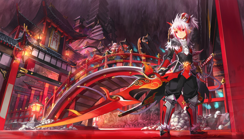 1boy 1girl alternate_color alternate_costume alternate_hairstyle architecture armor armored_boots bangs black_gloves black_legwear black_pants boots bridge brother_and_sister buddha creature cross-laced_clothes crossed_legs diamond_yaksha east_asian_architecture elesis_(elsword) elsword elsword_(character) gloves hair_between_eyes hair_ornament highres holding holding_sword holding_weapon horns lantern legs_apart long_hair multicolored_hair pagoda pants pauldrons red_eyes redhead riding rock scorpion5050 siblings sidelocks smile spikes standing statue sword thigh-highs two-tone_hair weapon