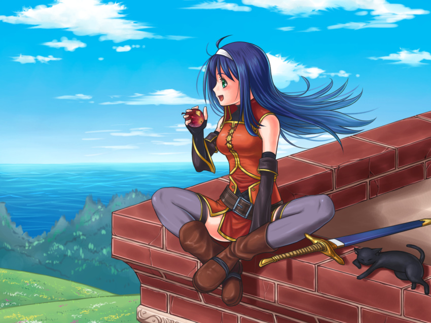 1girl :d ahoge apple bare_shoulders belt black_cat blue_hair blue_sky boots cat detached_sleeves fingerless_gloves fire_emblem fire_emblem:_akatsuki_no_megami food fruit gloves green_eyes grey_legwear hairband headband holding holding_food long_hair looking_to_the_side open_mouth sitting sky smile solo soyo2106 sword thigh-highs wayu_(fire_emblem) weapon