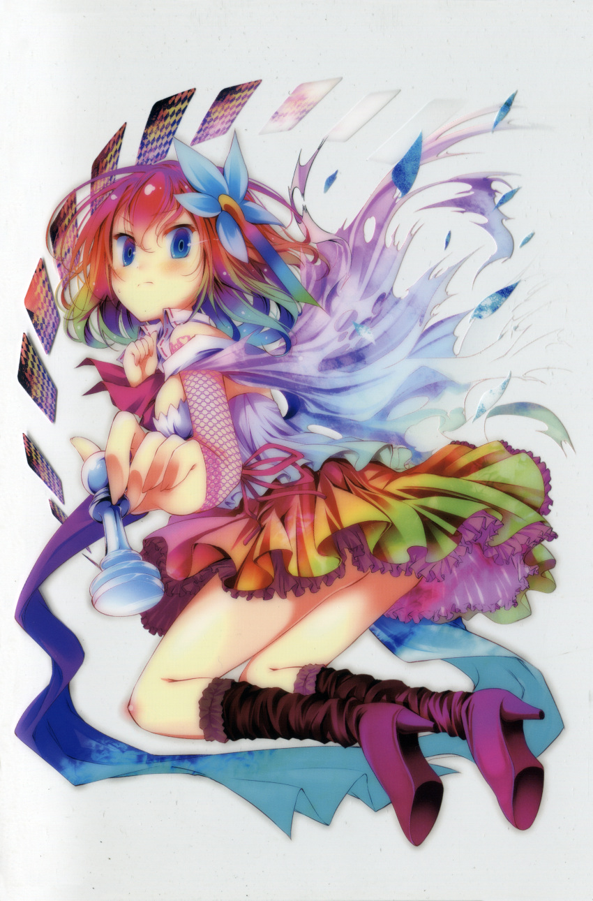 1girl absurdres bare_shoulders blue_eyes blush boots bow bowtie breasts card chess_piece detached_collar dress flower frown gradient_hair hair_flower hair_ornament highres kamiya_yuu multicolored_hair no_game_no_life official_art playing_card redhead scan short_hair solo stephanie_dora torn_clothes