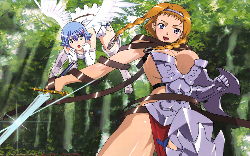 2012 2girls absurdres armor armored_boots blue_eyes blue_hair boots braid breasts brown_hair cleavage copyright_name dated dress elbow_gloves forest gloves green_eyes highres holding holding_sword holding_weapon leina looking_at_viewer multiple_girls nanael nature open_mouth outdoors queen's_blade shield short_hair sideboob signature sword twin_braids weapon white_dress white_gloves white_wings wings