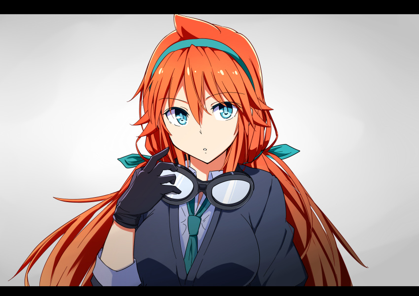 1girl :o black_gloves black_shirt blue_eyes blue_ribbon collared_shirt eyebrows eyebrows_visible_through_hair gloves goggles goggles_around_neck grey_background hair_between_eyes hair_ribbon hairband highres kazenoko long_hair long_sleeves looking_at_viewer low_twintails open_mouth orange_hair original ribbon shirt simple_background sleeve_cuffs solo twintails uniform upper_body wing_collar