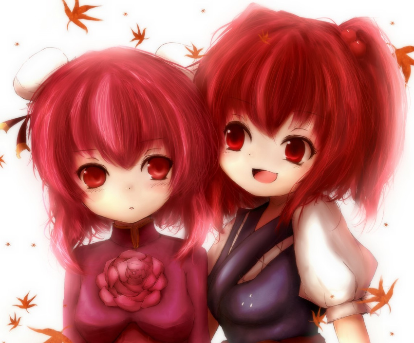 2girls :d amanojaku double_bun duplicate flower hair_bobbles hair_ornament head_to_head high_collar ibaraki_kasen looking_at_another looking_at_viewer multiple_girls onozuka_komachi open_mouth pink_hair pink_rose puffy_short_sleeves puffy_sleeves red_eyes redhead rose short_hair short_sleeves simple_background smile touhou upper_body white_background