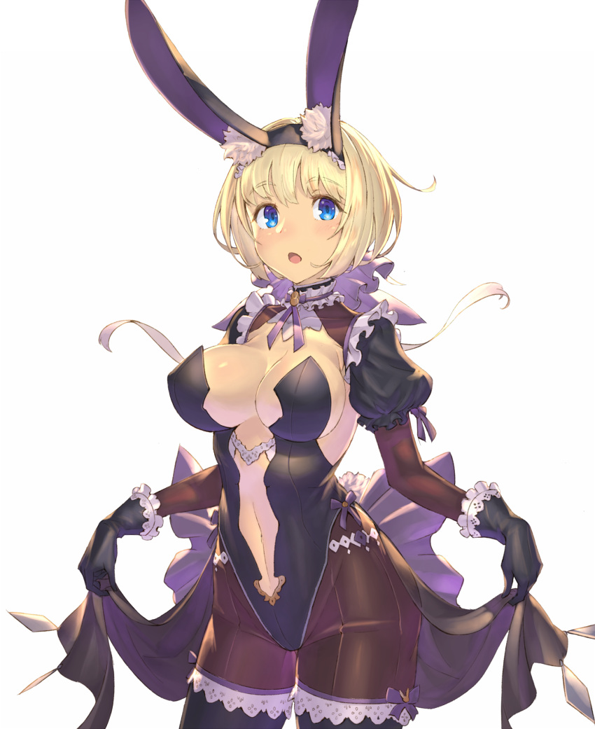 1girl animal_ears black_gloves blonde_hair blue_eyes blush breasts cleavage dress dress_lift fake_animal_ears gloves highres juliet_sleeves large_breasts long_sleeves nadare-san_(nadare3nwm) open_mouth phalanx_(sekaiju) puffy_sleeves rabbit_ears sekaiju_no_meikyuu sekaiju_no_meikyuu_3 short_hair simple_background smile solo white_background