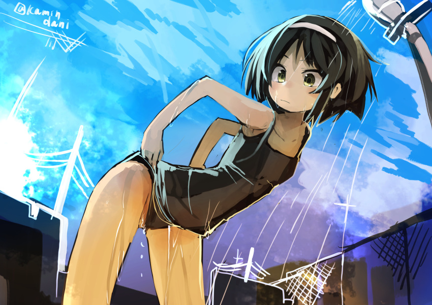 1girl absurdres adjusting_clothes adjusting_swimsuit bare_shoulders black_hair blue_sky collarbone hair_ornament hairband highres kaamin_(mariarose753) kantai_collection leaning_forward looking_back one-piece_swimsuit short_hair sky solo swimsuit tanikaze_(kantai_collection) twitter_username wet