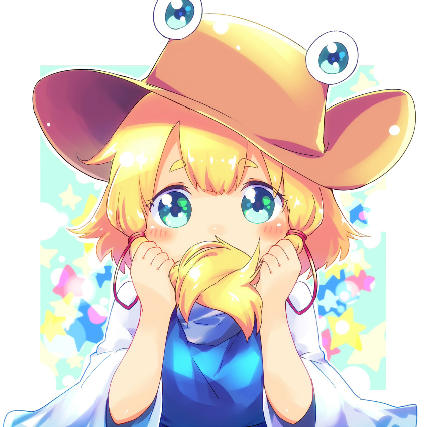 1girl ayakashi_(monkeypanch) blonde_hair blush covering_mouth eyebrows green_eyes hat highres looking_at_viewer moriya_suwako tagme thick_eyebrows touhou wide_sleeves