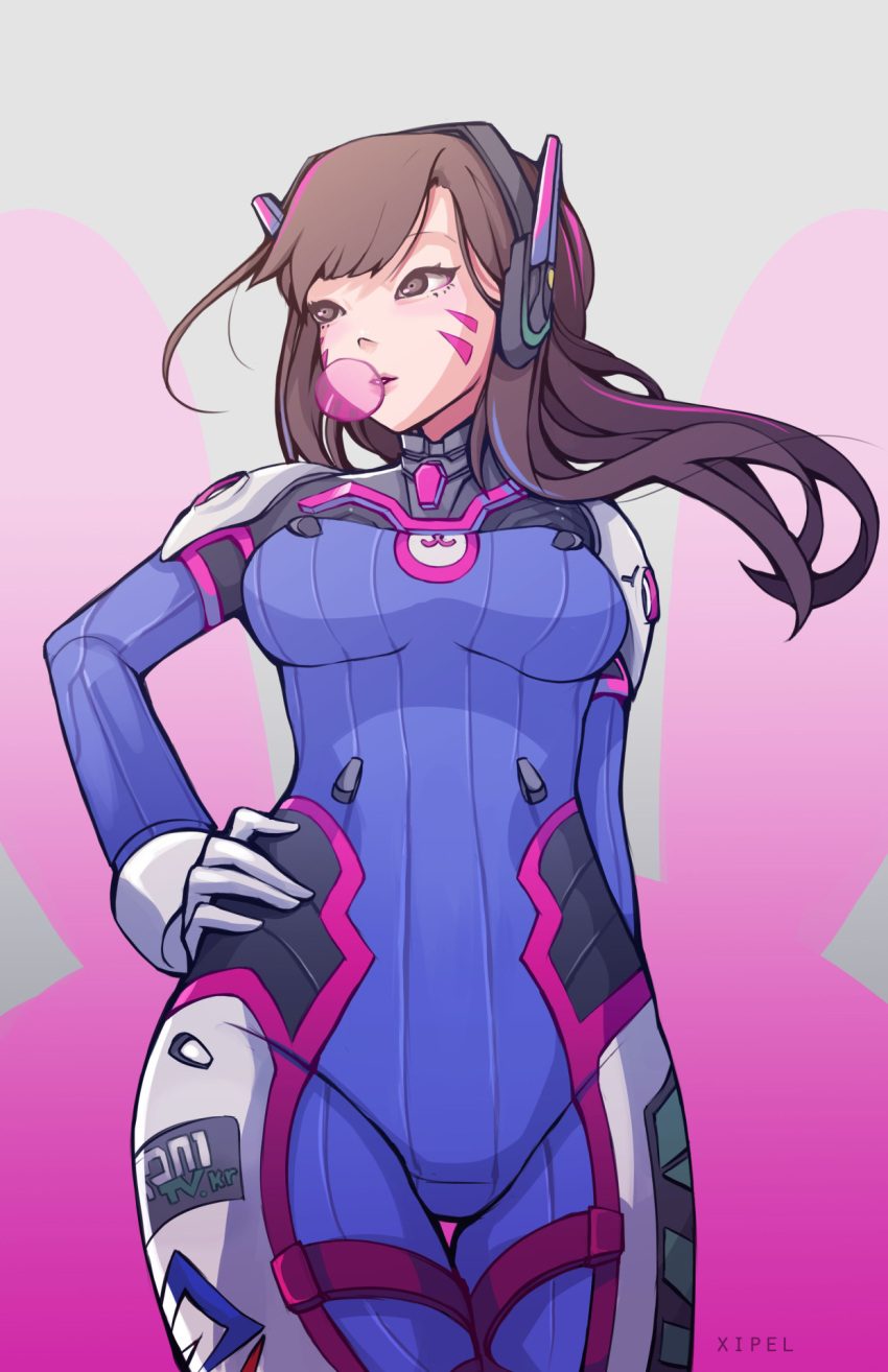 1girl arm_behind_back artist_name bangs bodysuit breasts breasts_apart brown_eyes brown_hair bubblegum clothes_writing cowboy_shot d.va_(overwatch) emblem facial_mark floating_hair from_below gradient gradient_background hand_on_hip headphones highres legs_together lily_tran long_hair multicolored_hair overwatch parted_lips pilot_suit solo standing streaked_hair thigh_gap transparent turtleneck wind