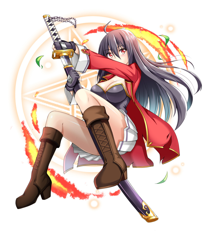 1girl absurdres benchen06 breasts cleavage highres holding holding_sword holding_weapon large_breasts looking_at_viewer original pleated_skirt red_eyes skirt solo sword weapon