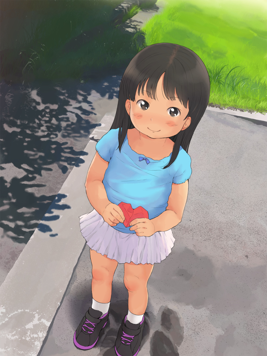 1girl anyannko blush brown_eyes brown_hair child from_above heart highres holding long_hair looking_up original outdoors shirt shoes skirt smile sneakers socks solo
