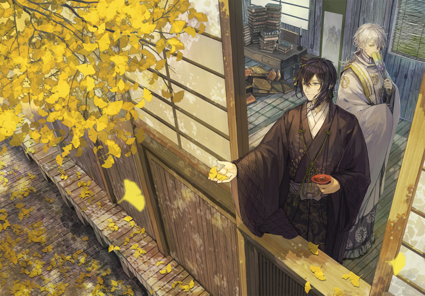 2boys alcohol alternate_costume autumn bangs black_hair calligraphy candle candlestand chair covered_mouth covering_mouth desk drawer falling_leaves fan folding_fan from_above from_outside ginkgo grey_eyes hair_between_eyes hair_ornament holding holding_fan holding_leaf indoors japanese_clothes kimono light_smile lily_fairy long_sleeves looking_at_another looking_away male_focus messy_room mikazuki_munechika motion_blur multiple_boys obi painting_(object) pavement sakazuki sake sash shade shutter silver_hair smile standing touken_ranbu tsurumaru_kuninaga white_hair wide_sleeves window wooden_floor wooden_wall