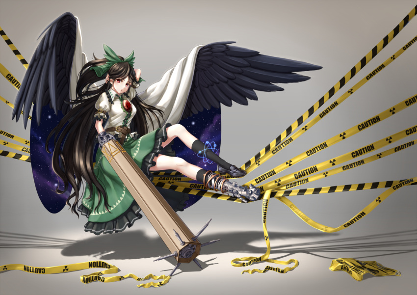 1girl arm_cannon arm_up black_hair black_legwear black_wings bow cape caution_tape dtvisu full_body green_bow green_skirt hair_bow long_hair looking_at_viewer mismatched_footwear puffy_short_sleeves puffy_sleeves red_eyes reiuji_utsuho shadow shirt short_sleeves skirt solo touhou very_long_hair weapon white_shirt wings