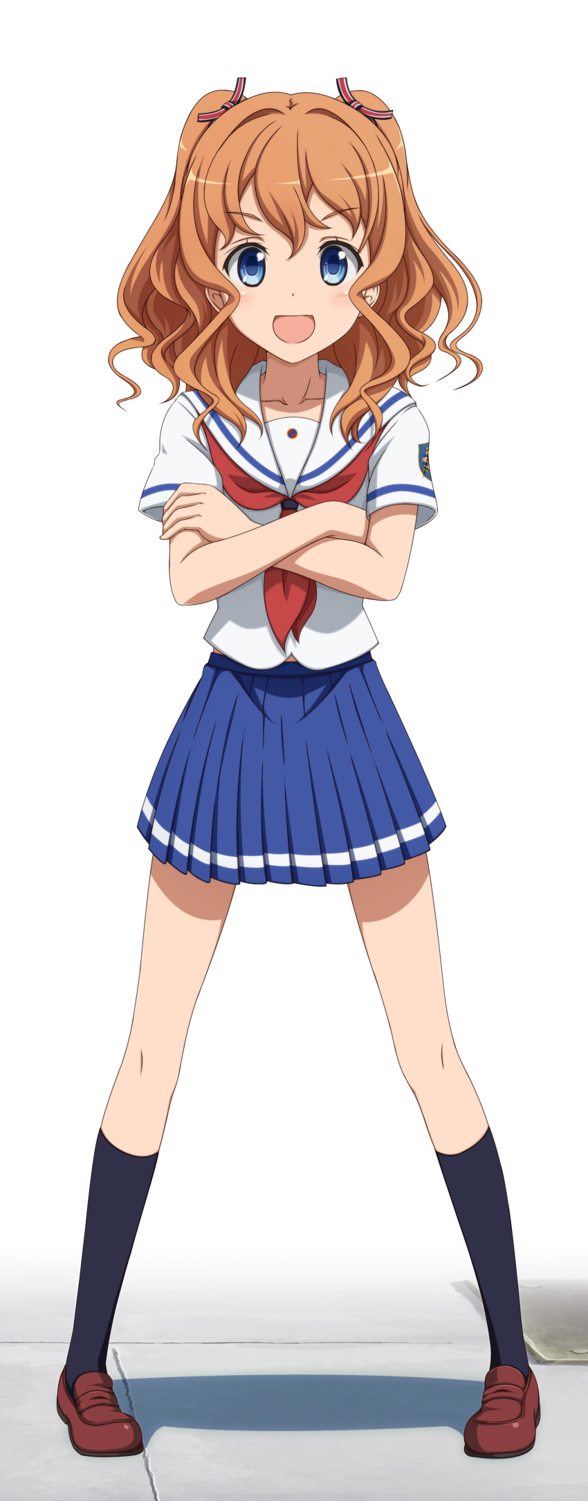 &gt;:d 1girl :d absurdres blue_skirt blush collarbone crossed_arms emblem eyelashes full_body hair_ribbon high_school_fleet highres kneehighs loafers looking_at_viewer neckerchief open_mouth orange_hair pigeon-toed pleated_skirt red_ribbon red_shoes ribbon school_uniform serafuku shira-nyoro shirt shoes short_hair short_sleeves simple_background skirt smile solo stone_floor tareme twintails wavy_hair white_background white_shirt yanagiwara_maron