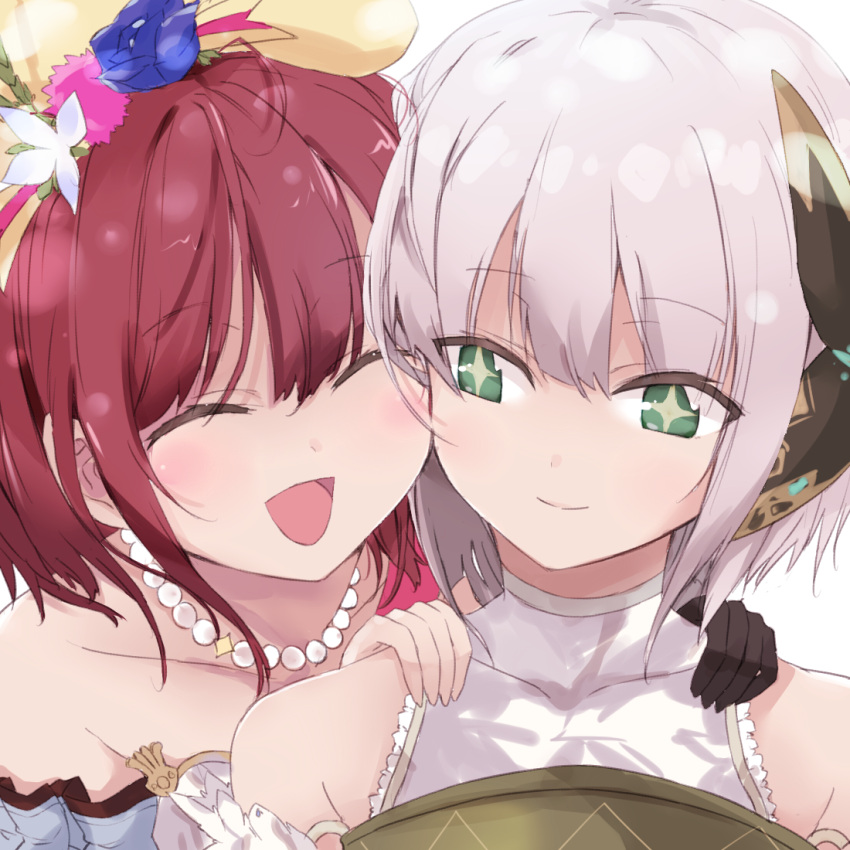 2girls atelier_(series) atelier_sophie bare_shoulders brown_hair closed_eyes grey_eyes hair_ornament hands_on_another's_shoulders jewelry maromi_(am97) multiple_girls necklace plachta portrait shirt short_hair silver_hair single_glove smile sophie_neuenmuller yuri