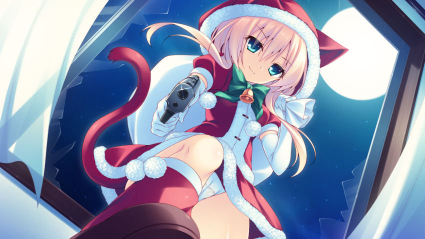 1girl animal_hood bag bell bell_smith blue_eyes broken_window carrying_over_shoulder cat_tail christmas_trick_star! dutch_angle game_cg gift gun handgun hood kneehighs miko_92 moon night panties pantyshot pointing pointing_at_viewer santa_costume skirt smile solo tail underwear weapon white_panties window