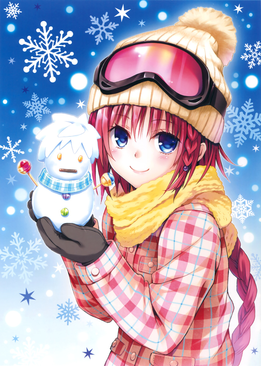 1girl absurdres beanie black_gloves blue_background blue_eyes blush braid candy closed_mouth food gloves goggles goggles_on_head hat highres holding jacket kurosaki_mea lips lollipop long_hair long_sleeves looking_at_viewer plaid plaid_jacket pocket red_jacket redhead scarf simple_background single_braid smile snowflakes snowman solo sweets to_love-ru upper_body yabuki_kentarou yellow_hat yellow_scarf