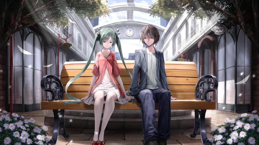 1boy 1girl aqua_eyes bench brown_eyes brown_hair character_request city clock dress feathers flower hatsune_miku highres long_hair male_focus pantyhose park petals ryosios short_hair tree twintails vocaloid