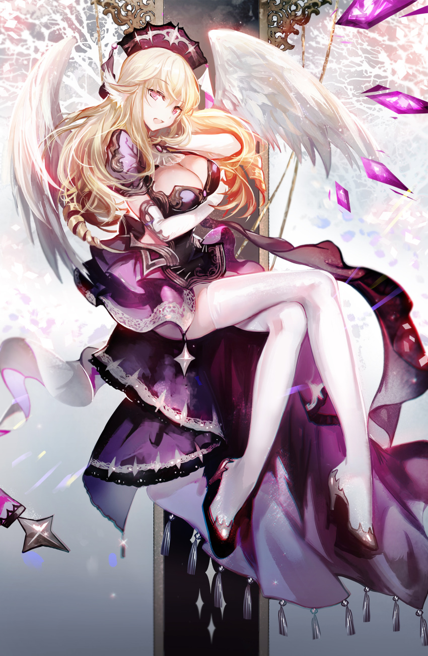 1girl :d angel_wings ass blonde_hair breasts cleavage crossed_arms crossed_legs feathered_wings feathers had high_heels highres looking_at_viewer moemoe3345 open_mouth puffy_sleeves smile solo thigh-highs violet_eyes wings