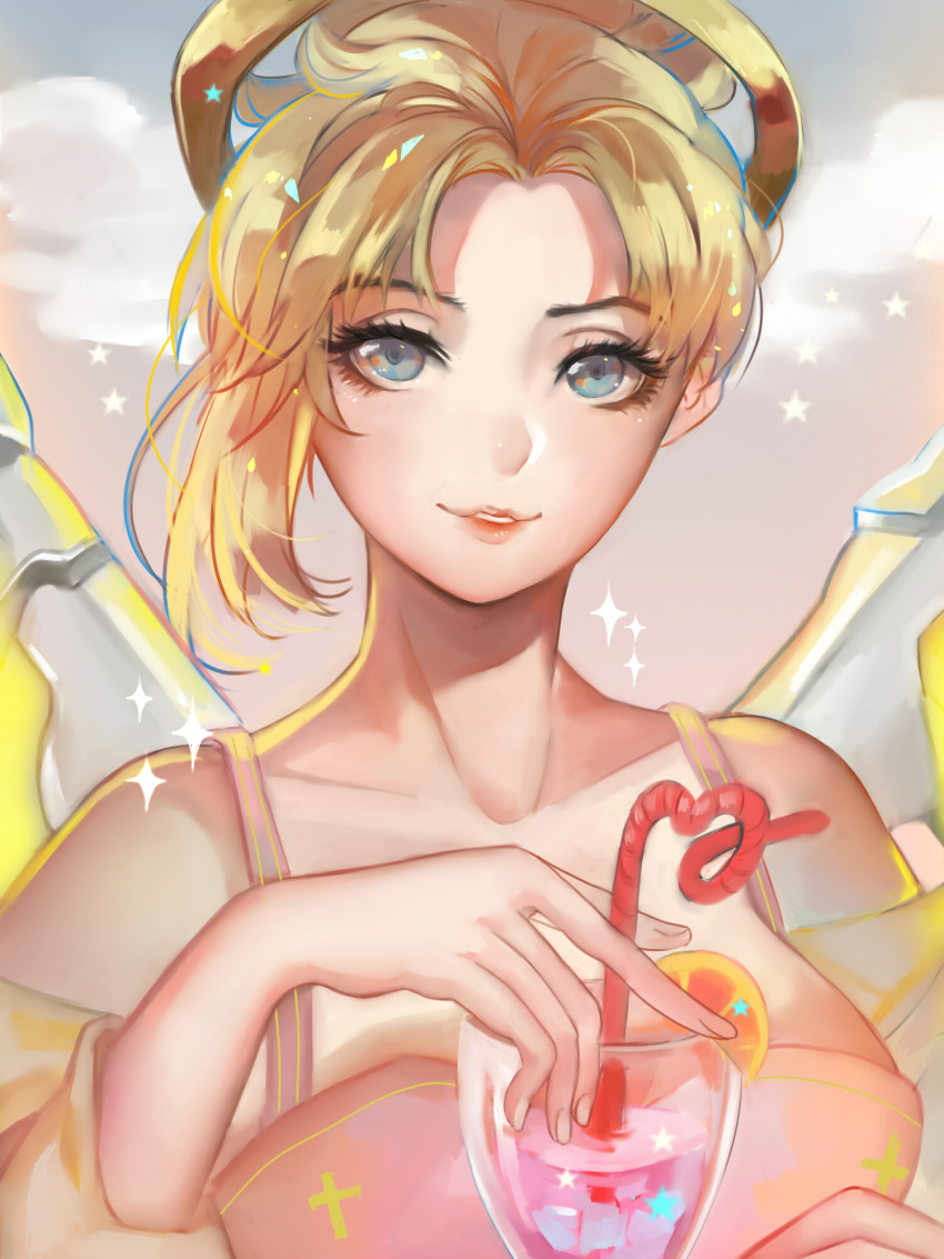 bare_shoulders blonde_hair blue_eyes collarbone cross_print cup dress drink drinking_glass drinking_straw eyelashes fingernails food fruit headgear highres lemon lemon_slice lips looking_at_viewer mechanical_halo mercy_(overwatch) overwatch parted_lips ponytail shawl star upper_body wings
