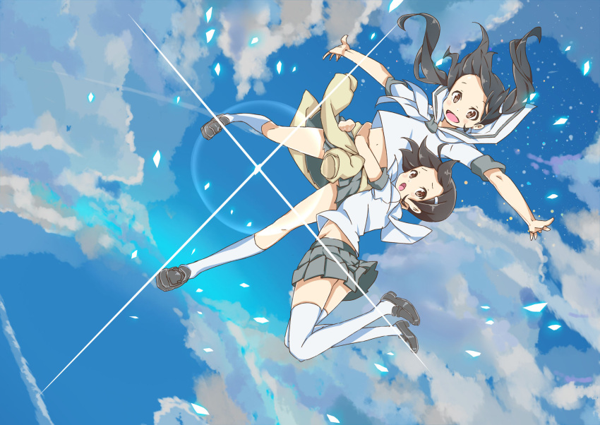 2girls ankle_socks black_hair brown_eyes clothes_around_waist clouds falling hair_ornament hairclip highres hug loafers looking_at_viewer midriff multiple_girls navel nob-c open_mouth original outstretched_arms school_uniform shoes sky sparkle thigh-highs white_legwear