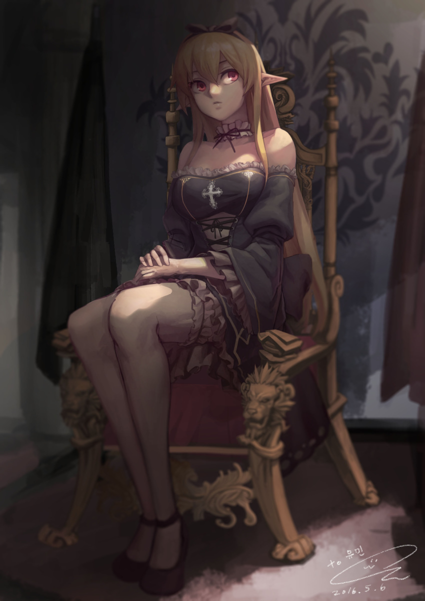 1girl 2016 absurdres bare_shoulders black_bow black_dress black_shoes blonde_hair bow chair cross-laced_clothes curtains dated detached_collar dress dungeon_and_fighter frilled_sleeves frills full_body hair_bow hairband highres indoors juliet_sleeves leg_garter long_hair long_sleeves looking_up off-shoulder_dress off_shoulder own_hands_together oz_(gerbera7) pointy_ears puffy_sleeves red_eyes red_ribbon ribbon shoes signature sitting solo sunlight thigh-highs very_long_hair white_legwear wide_sleeves