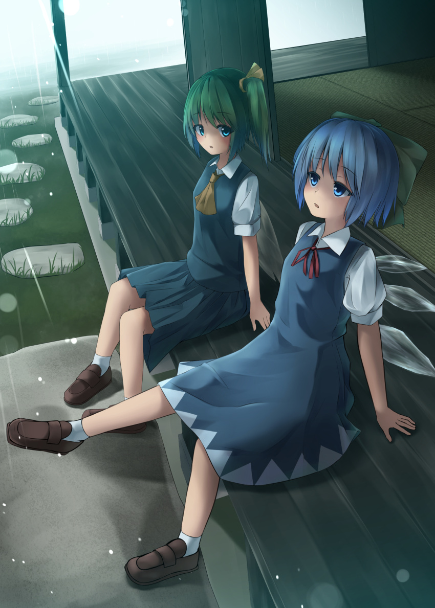 2girls :o blue_dress blue_eyes blue_hair blue_skirt blue_vest blush brown_shoes building cirno collared_shirt daiyousei dress eyebrows eyebrows_visible_through_hair fairy fairy_wings green_hair hair_ribbon highres house ice ice_wings loafers looking_afar looking_to_the_side looking_up multiple_girls open_mouth pokio rain ribbon shirt shoes short_hair short_sleeves sitting skirt socks stone tatami touhou water white_legwear wing_collar wings wooden_floor yellow_ascot