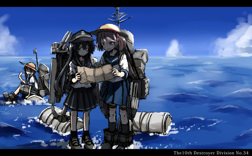 3girls akatsuki_(kantai_collection) anchor anchor_symbol black_hair cannon commentary_request drum flat_cap hair_bobbles hair_ornament hat instrument kantai_collection letterboxed long_hair machinery multiple_girls open_mouth pleated_skirt sagiri_(kantai_collection) sazanami_(kantai_collection) school_uniform serafuku sitting skirt standing standing_on_liquid straw_hat turret twintails usui_harusame