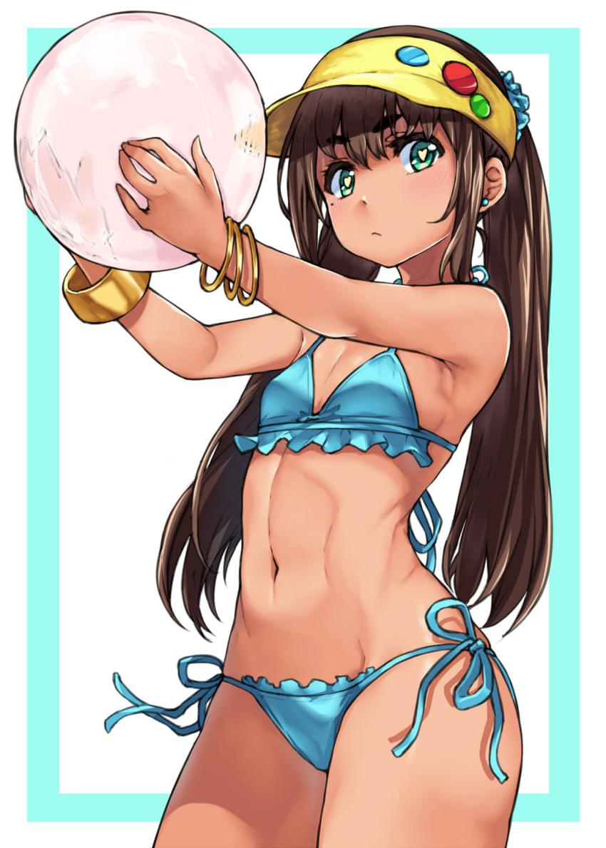 1girl armpits ball beachball bikini blue_bikini blue_ribbon border bracelet brown_hair closed_mouth dark_skin eyebrows flat_chest green_eyes hai_ookami heart heart-shaped_pupils highres holding_ball jewelry long_hair looking_at_viewer low_twintails midriff navel original outstretched_arms ribbon side-tie_bikini simple_background solo standing stomach swimsuit symbol-shaped_pupils thick_eyebrows twintails very_long_hair white_background