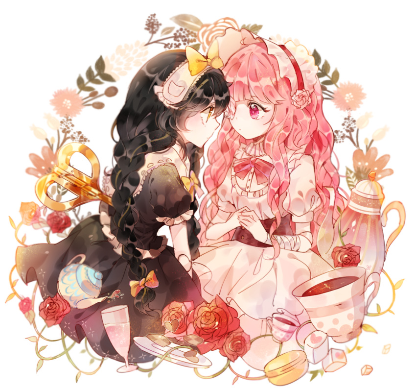 2girls bandaged_arm bangs black_hair bonnet bow bowtie braid chalice commentary_request cup doll doll_joints dress eye_contact face-to-face flower flower_eyepatch hair_bow hair_flower hair_ornament hairband hands_together jikgu lolita_hairband long_hair looking_at_another macaron multiple_girls orange_bow original pink_eyes pink_hair pink_rose puffy_short_sleeves puffy_sleeves red_rose rose saucer short_sleeves single_braid sugar_cube teacup teapot wavy_hair winding_key yellow_bow yellow_eyes yuri