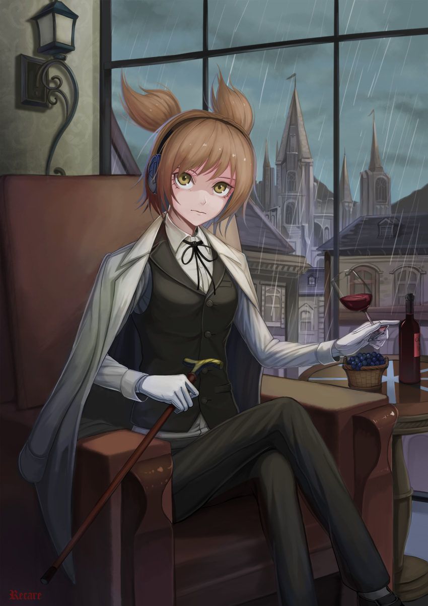 1girl alternate_costume armchair artist_name chair crossed_legs cup drinking_glass earmuffs formal gloves highres indoors jacket jacket_on_shoulders light_brown_hair long_sleeves looking_at_viewer pants rain recare shirt short_hair sitting solo suit touhou toyosatomimi_no_miko waistcoat white_gloves window wine_bottle wine_glass