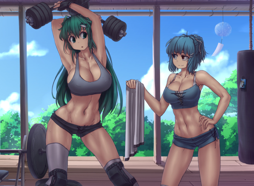 2girls :o abs adapted_costume alternate_hairstyle armpits arms_up asymmetrical_legwear bangs barbell bare_arms black_gloves blue_eyes blue_hair breasts clouds cloudy_sky collarbone contemporary contrapposto cowboy_shot crop_top cross-laced_clothes dumbbell eye_contact fingerless_gloves frog_hair_ornament giving gloves green_eyes green_hair gym hair_ornament hairclip hakurei_reimu half_updo hand_on_hip heterochromia holding indoors knee_pads kochiya_sanae large_breasts legs_apart long_hair looking_at_another looking_to_the_side midriff multiple_girls navel photo_(object) piercing punching_bag red_eyes short_shorts shorts sky smirk sports_bra standing sweat tank_top tatara_kogasa thigh-highs tomboy toned touhou towel tree weightlifting weights white_legwear wind_chime wooden_floor