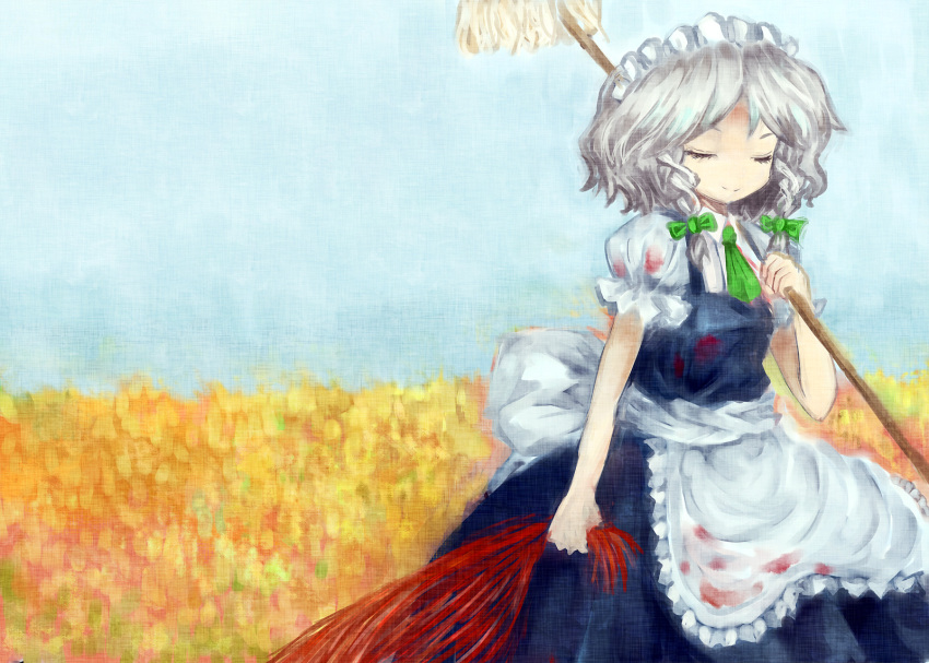 2girls amii blood bloody_clothes body_offscreen closed_eyes dragging field flower flower_field hair_pull highres hong_meiling izayoi_sakuya maid maid_headdress mop multiple_girls smile solo_focus touhou