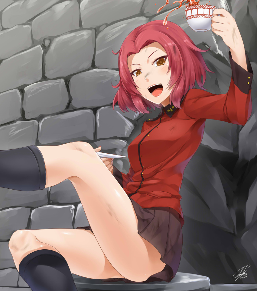 1girl absurdres artist_name bangs black_boots black_skirt boots brown_eyes cup darkmaya dated dirty girls_und_panzer highres holding jacket knee_boots legs long_sleeves looking_at_viewer military military_uniform miniskirt open_mouth parted_bangs pleated_skirt red_jacket redhead rosehip saucer short_hair signature sitting skirt smile solo spilling tea teacup uniform