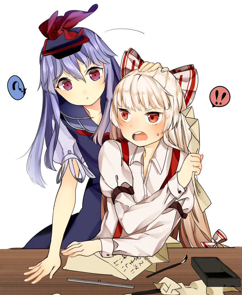 !! 2girls ? albino blue_hair blush calligraphy_brush commentary dress fujiwara_no_mokou hair_ribbon hand_on_another's_head hat highres kamishirasawa_keine long_hair long_sleeves looking_at_another looking_back multiple_girls onioncake open_mouth paintbrush paper parted_lips puffy_sleeves red_eyes ribbon shirt short_sleeves simple_background sitting sweatdrop table text touhou tress_ribbon white_background white_hair