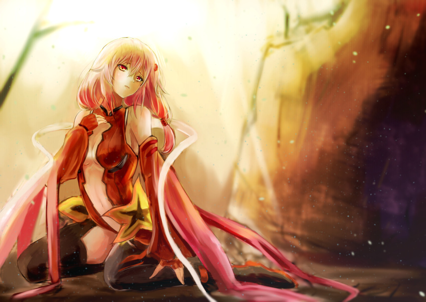 1girl bare_shoulders black_legwear breasts center_opening cleavage detached_sleeves elbow_gloves fingerless_gloves gloves guilty_crown hair_ornament hairclip humi looking_at_viewer navel pink_hair red_eyes sitting solo twintails wariza yuzuriha_inori