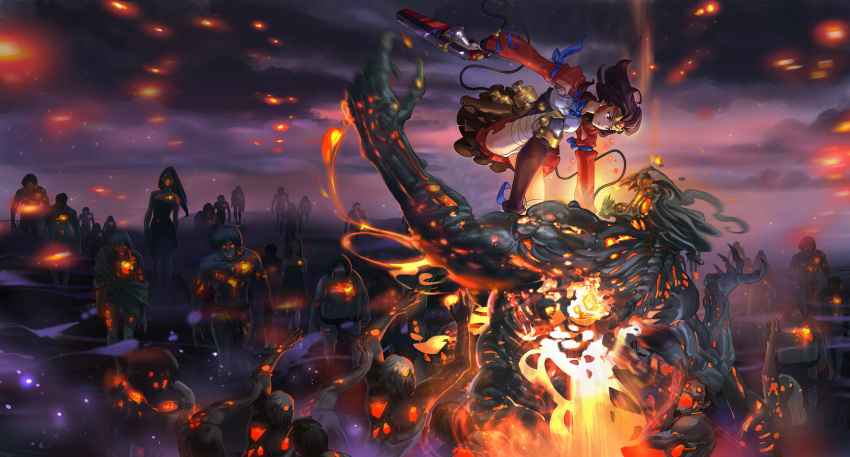 arms_up bandaged_leg boots brown_hair claws clouds dark_sky embers energy fire flame glowing glowing_eyes glowing_mouth grayfair gun highres holding holding_gun holding_weapon koutetsujou_no_kabaneri long_hair long_sleeves looking_at_another monster mumei_(kabaneri) open_mouth outdoors reaching_out red_eyes skirt thigh-highs walking weapon