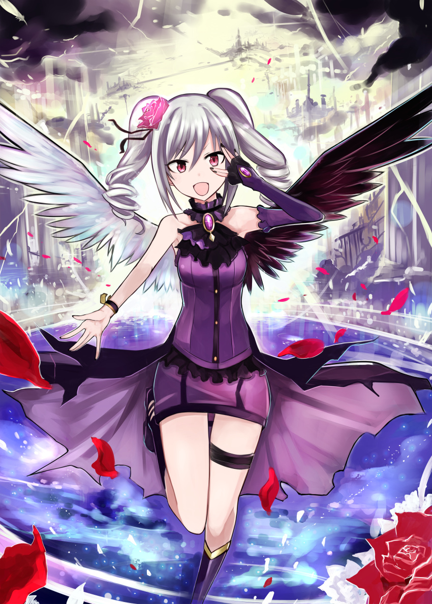 1girl absurdres angel_wings dress drill_hair highres idolmaster idolmaster_cinderella_girls kanzaki_ranko long_hair looking_at_viewer nerotarou@seven open_mouth red_eyes rosenburg_engel silver_hair smile solo twin_drills twintails wings