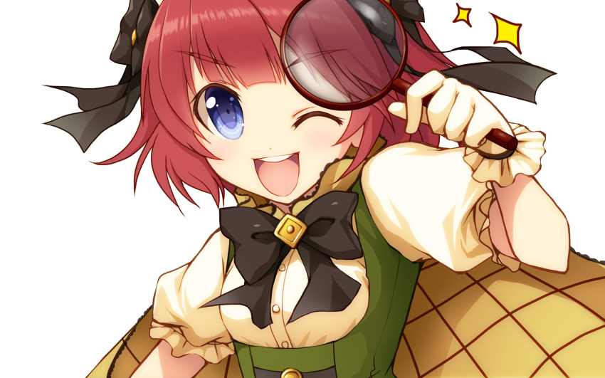 &gt;;d 1girl ;d anzai_miyako black_bow bow cape gloves hair_bow highres holding idolmaster idolmaster_cinderella_girls lavender_eyes magnifying_glass minase_kuuru one_eye_closed open_mouth puffy_short_sleeves puffy_sleeves redhead short_hair short_sleeves simple_background smile solo sparkle teeth white_background white_gloves
