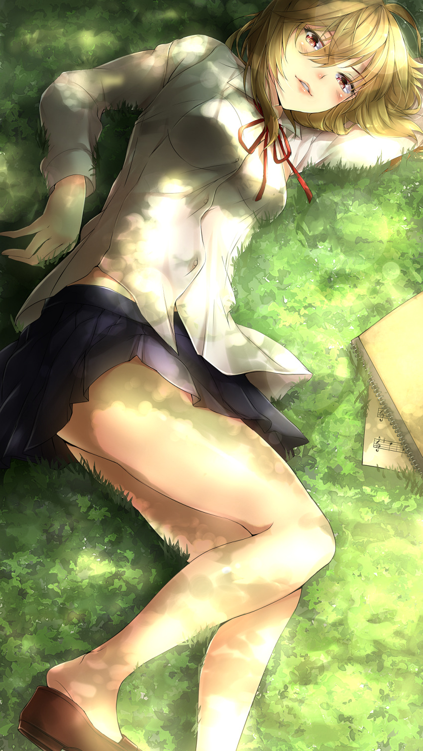 1girl arm_pillow arm_up bangs black_bra black_skirt blonde_hair bra breasts brown_shoes collared_shirt crotchet dappled_sunlight dress_shirt eyebrows eyebrows_visible_through_hair from_above gekkan_shoujo_nozaki-kun grass hair_between_eyes highres loafers long_hair long_sleeves looking_at_viewer lying mia_(gute-nacht-07) miniskirt musical_note neck_ribbon notebook on_ground outdoors paper parted_lips pleated_skirt red_eyes red_ribbon ribbon school_uniform see-through seo_yuzuki shade sheet_music shirt shoe_dangle shoes skirt smile solo sunlight treble_clef underwear untucked_shirt white_shirt