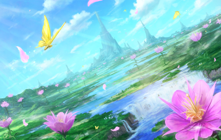 building butterfly clouds dutch_angle fantasy field flower highres landscape lens_flare makkou_4 mountain no_humans original petals rainbow river scenery sky water waterfall